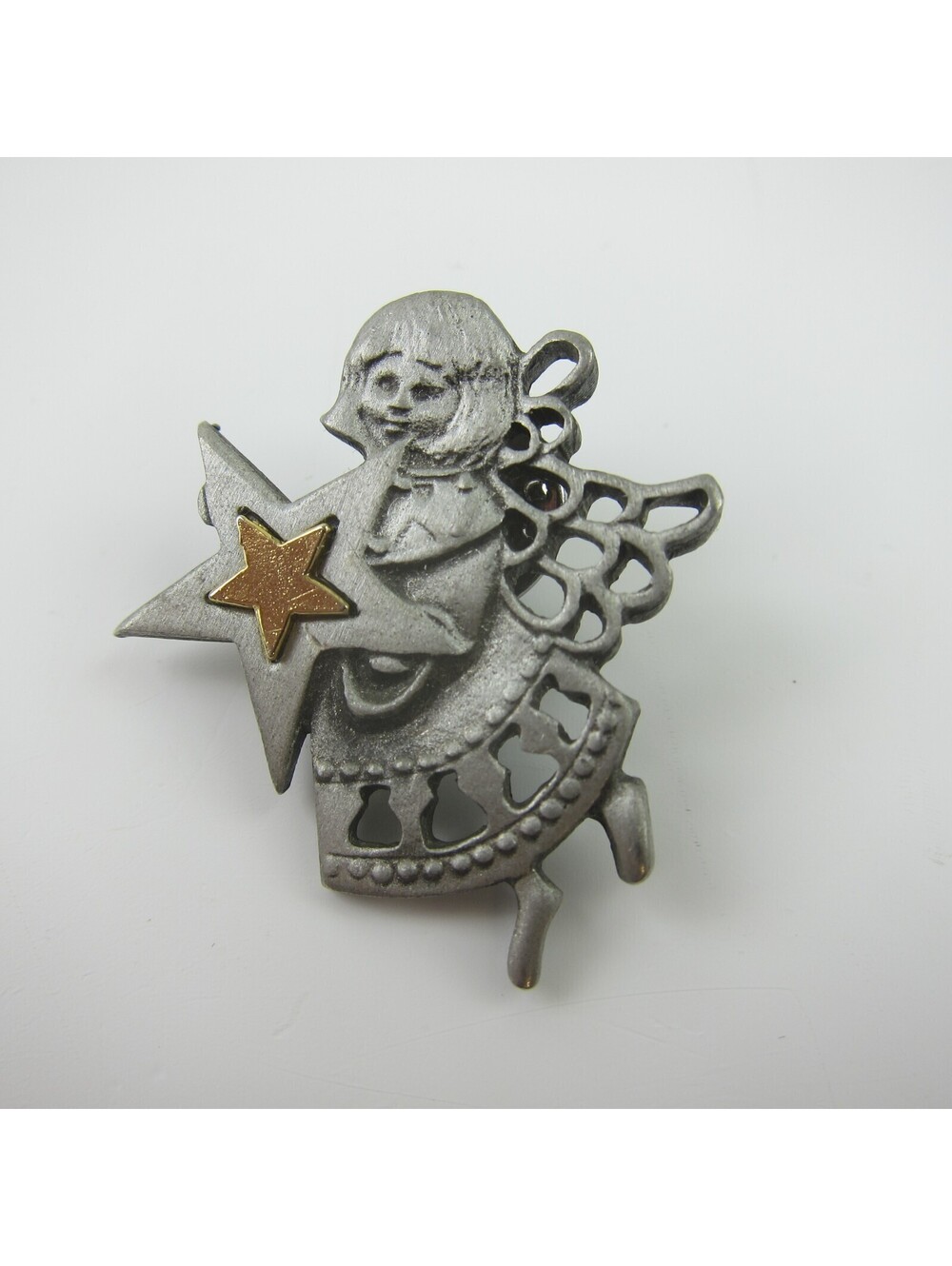 Vintage Brooch Lapel Pin Silver Tone Metal Guardian Angel Holding Gold tone Star